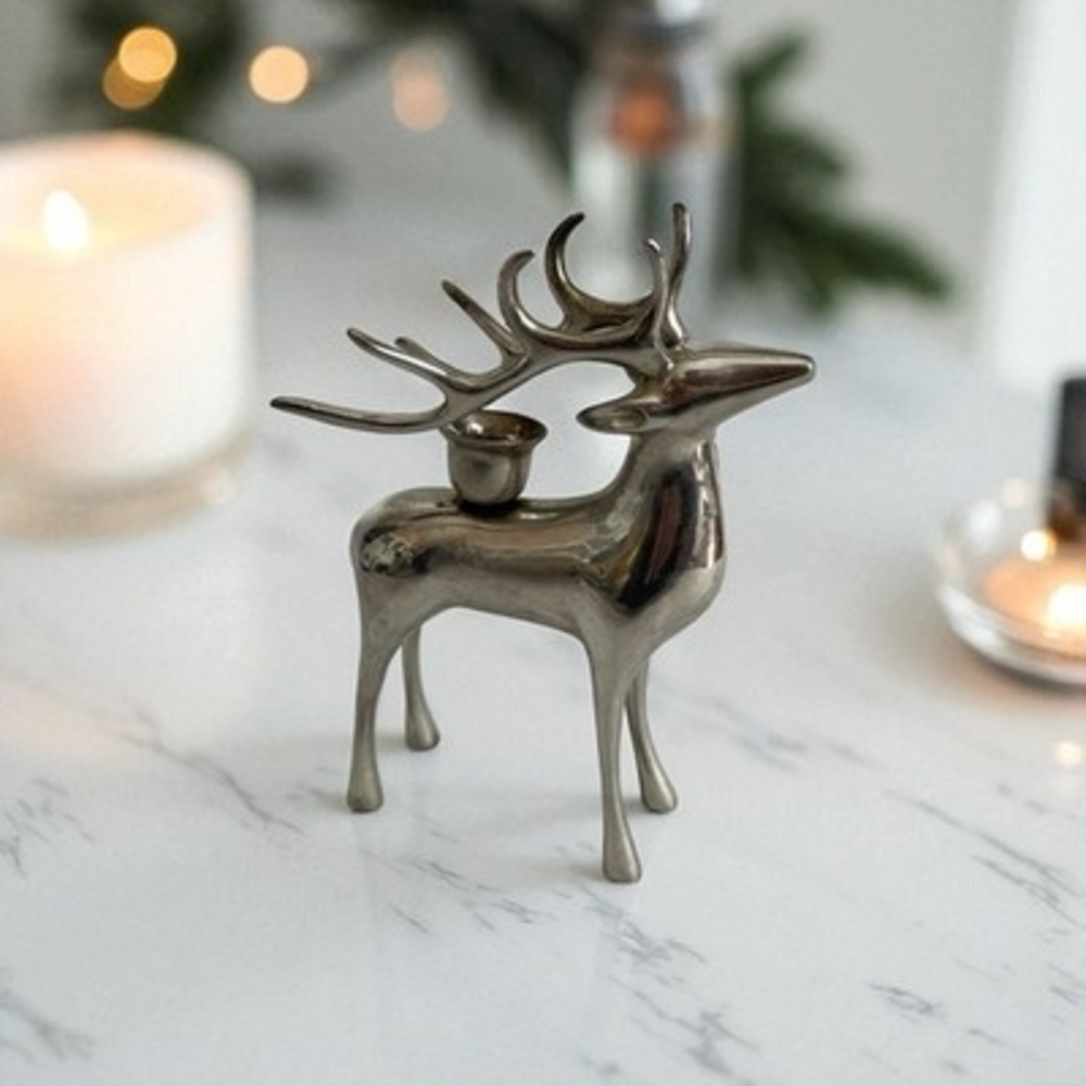 Pottery Barn Vintage Brass Deer Reindeer Buck Candle Holder 8" Christmas Taper